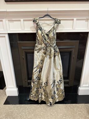 Elegant Metallic Gold and Black Floral Wrap Evening Dress
